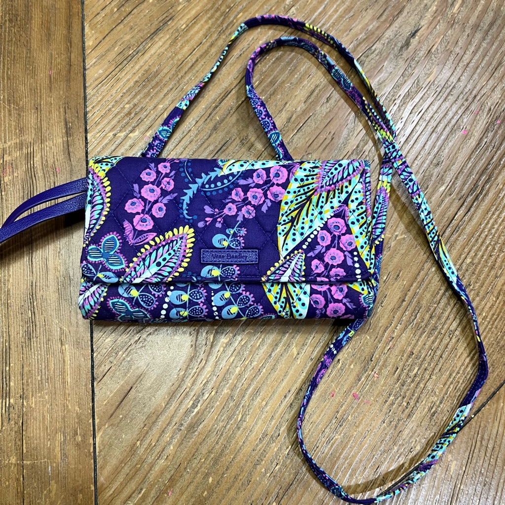 Vera Bradley Crossbody Wallet In Batik Leaves, Purple Print